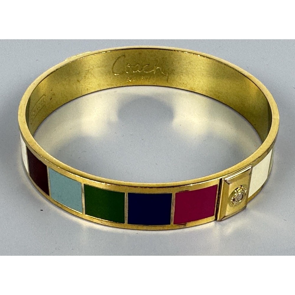 Coach Legacy Stripe 94022 Multicolor Enamel Gold Tone Bangle Bracelet 7 3/4"